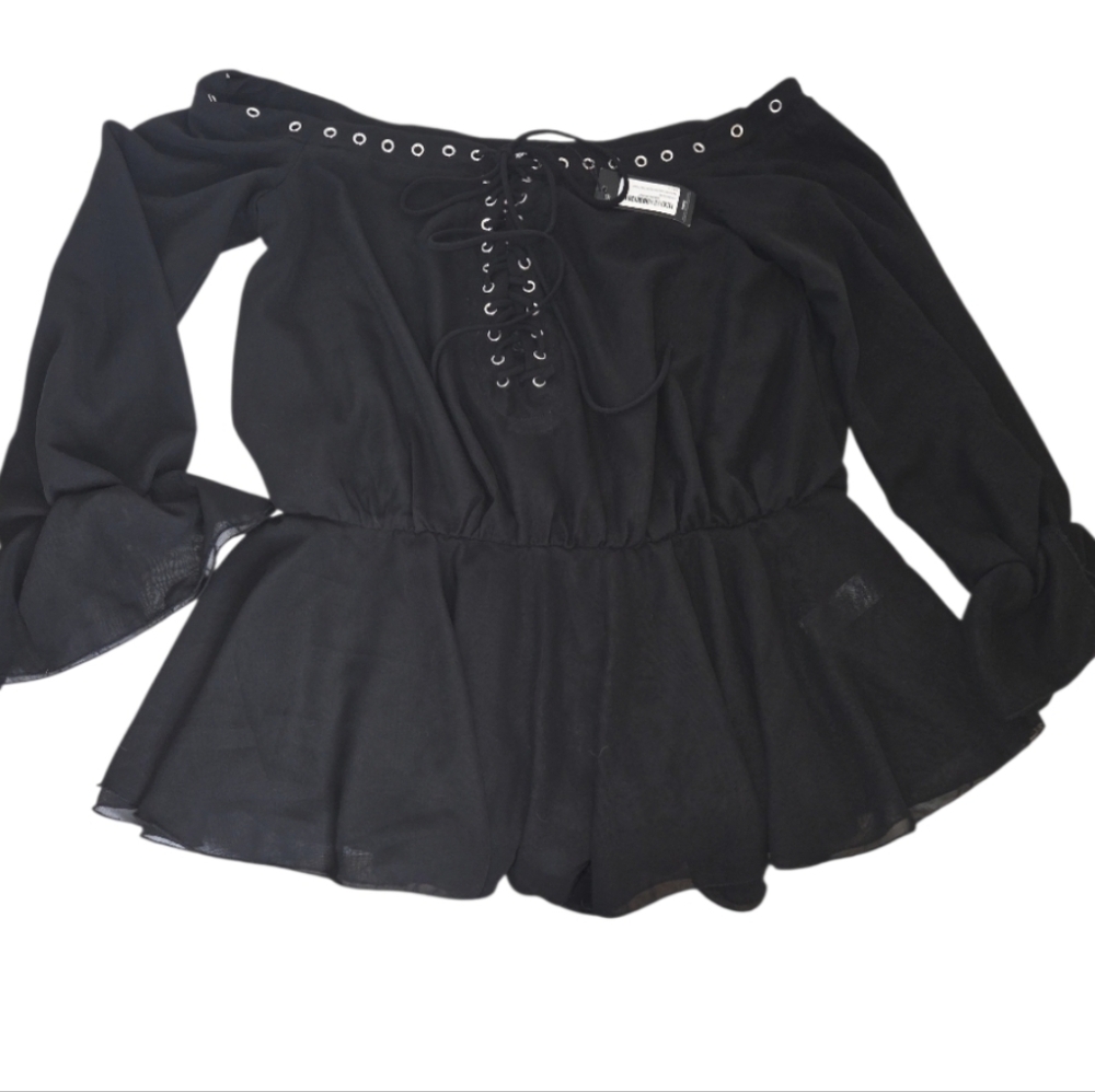 Pretty Little Thing Whimsy Goth Black Chiffon Bardot Off The Shoulder Romper 8